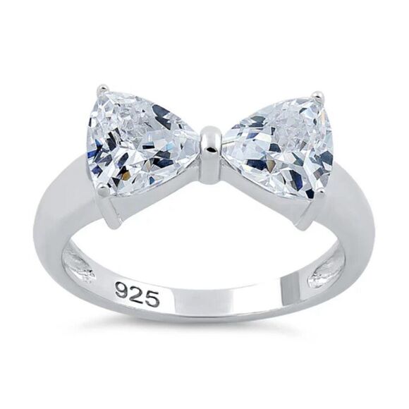Sterling Silver Bow Trillion Cut Diamond Simulate  Ring New - Picture 2 of 9